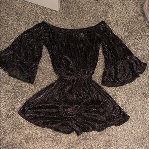 Black Sparkly Off-Shoulder Romper with Bell Sleeves